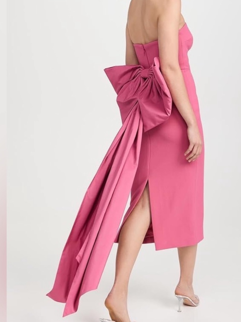 Rebecca Vallance Strapless Midi Dress in Bright Pink with Dramatic Bow